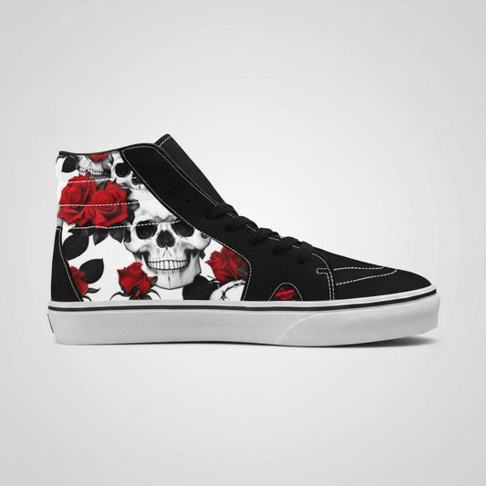 Freaky Shoes® men's high-top canvas skateboarding shoes featuring a black and white skull and red rose print