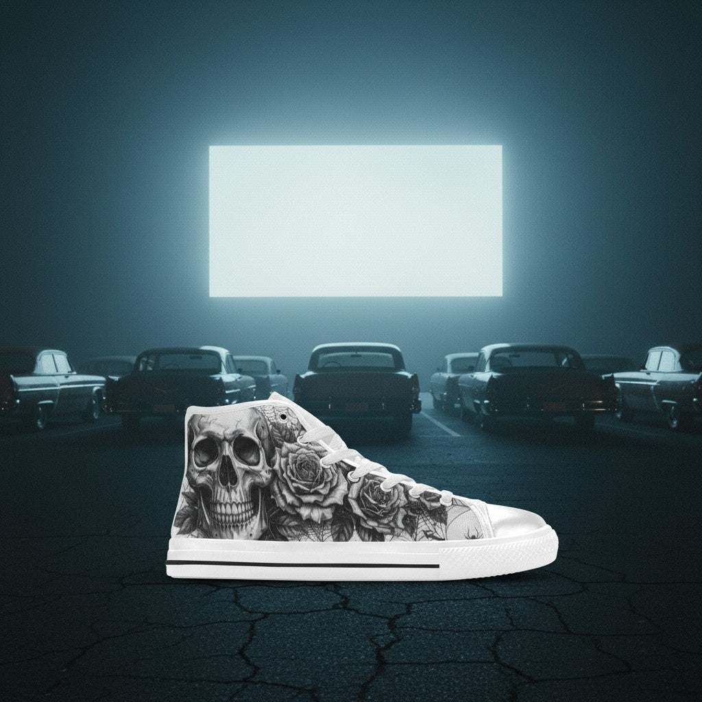 Women's Dark Skull Crown Gothic Dark Art hand-made high-top canvas shoes — unique wearable art by Freaky Shoes