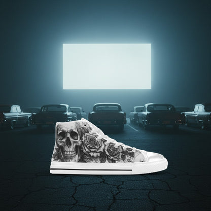 Women's Dark Skull Crown Gothic Dark Art hand-made high-top canvas shoes — unique wearable art by Freaky Shoes