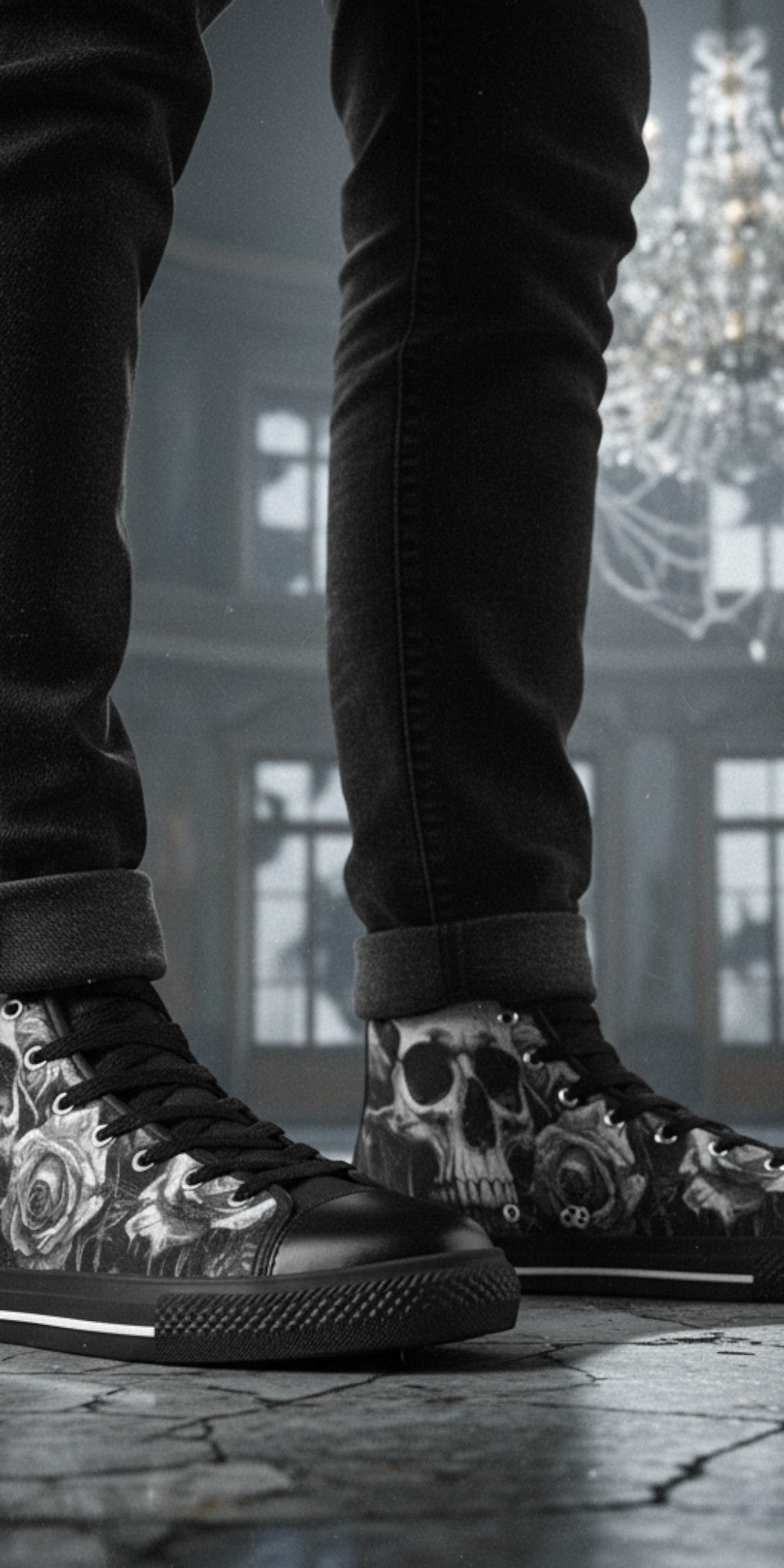 Freaky Shoes® high top canvas sneakers featuring a grey skull and rose gothic print, worn with black jeans.