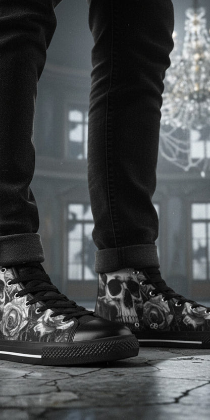 Freaky Shoes® high top canvas sneakers featuring a grey skull and rose gothic print, worn with black jeans.