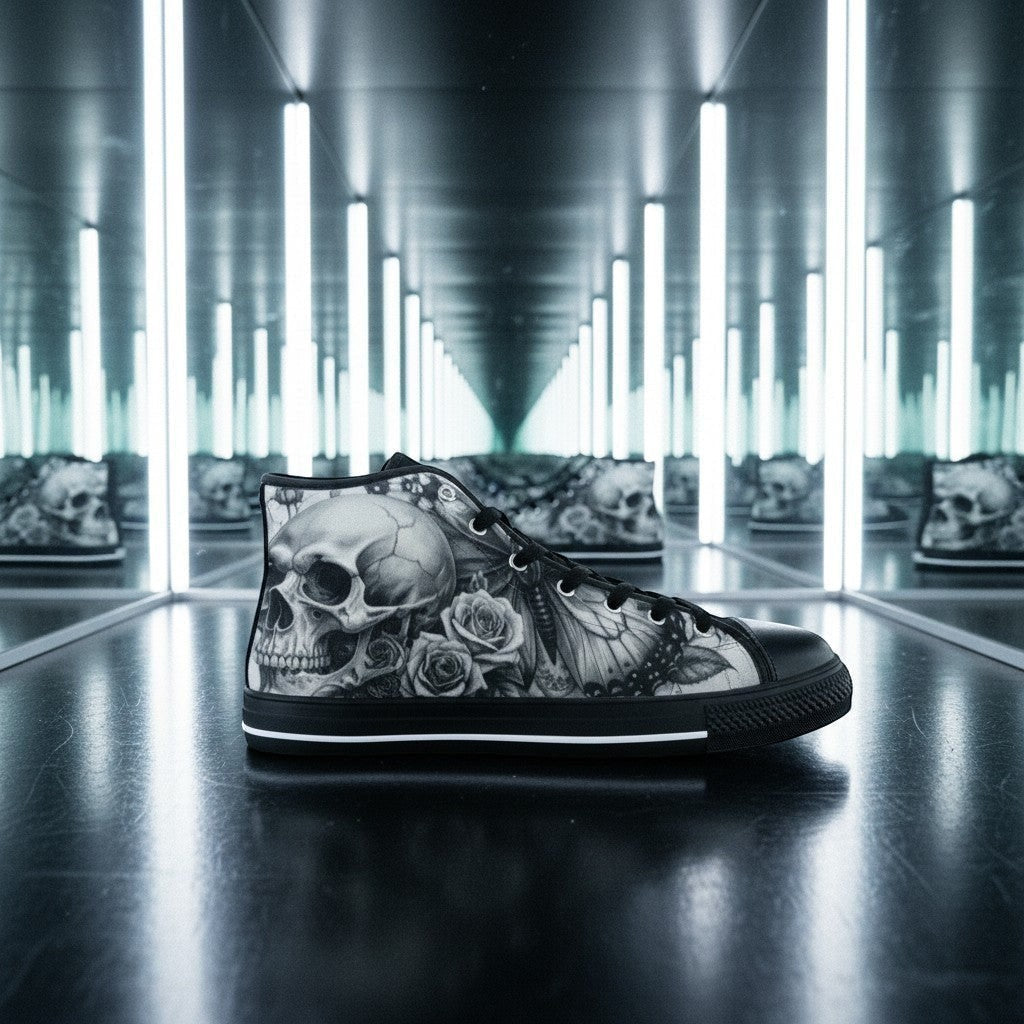 Women's Grey Skull Roses Dark Gothic Art hand-made high-top canvas shoes — unique wearable art by Freaky Shoes