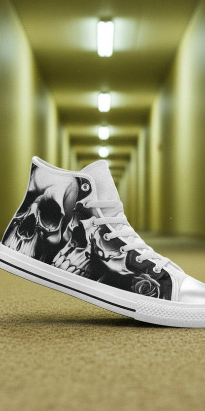 Women's Greyscale Skulls & Roses Black & White high-top canvas shoes, custom full-wrap printed design — Freaky Shoes