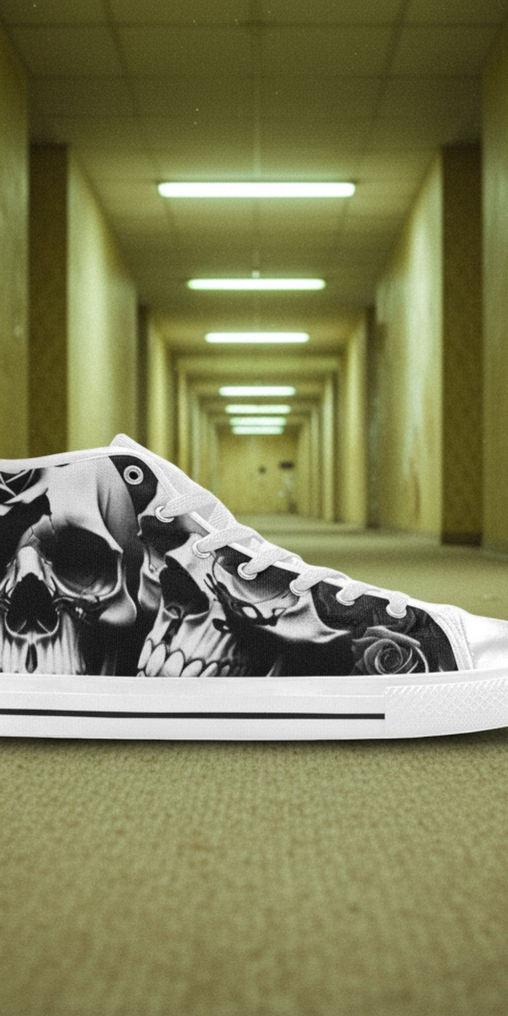 Women's Greyscale Skulls & Roses Black & White high-top canvas shoes, custom full-wrap printed design — Freaky Shoes