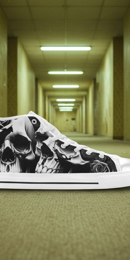 Women's Greyscale Skulls & Roses Black & White high-top canvas shoes, custom full-wrap printed design — Freaky Shoes