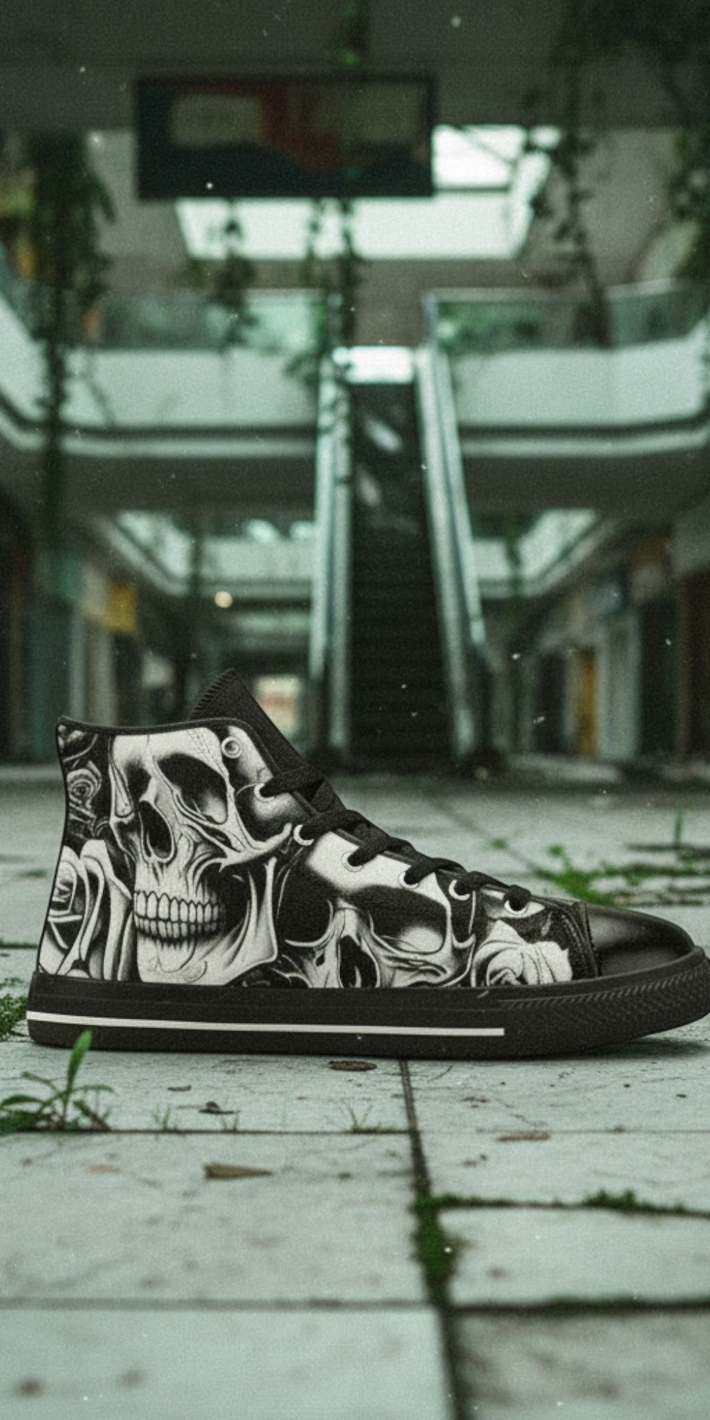 Men's Cartoon Skulls & Roses high-top canvas shoes, custom full-wrap printed design — Freaky Shoes