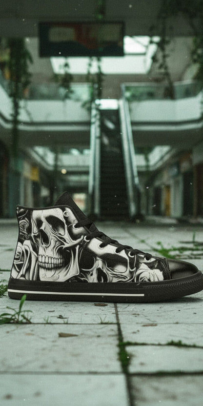 Men's Cartoon Skulls & Roses high-top canvas shoes, custom full-wrap printed design — Freaky Shoes