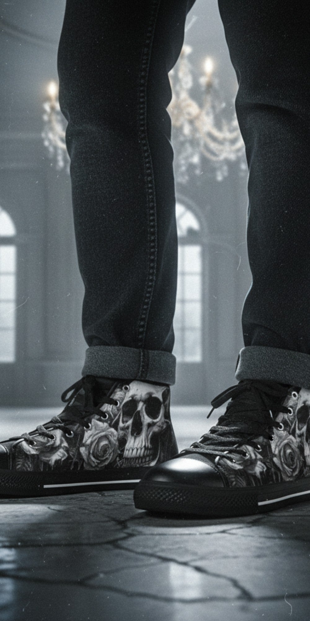 Freaky Shoes® high top canvas sneakers featuring a grey skull and rose gothic print, worn with dark jeans.