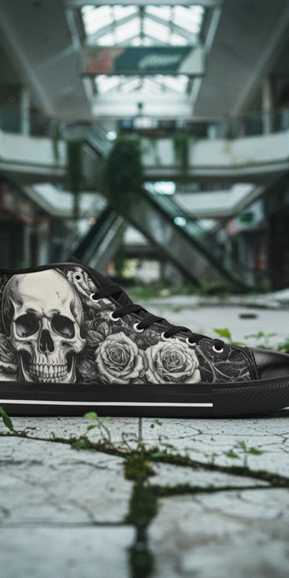 Men's Grey Skull & Wings Dark Gothic high-top canvas shoes — one-of-a-kind custom printed art, Freaky Shoes