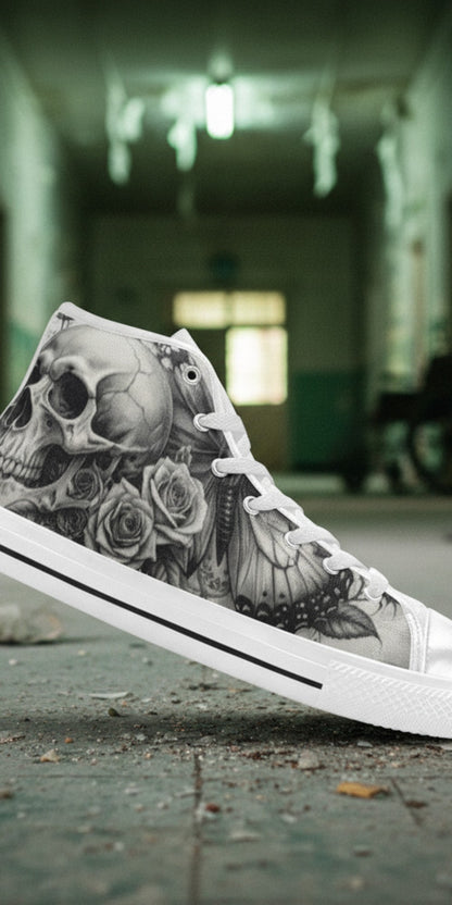 Custom Women's Monochrome Skull & Rose Dark Gothic high-top canvas shoes with bold all-over art — Freaky Shoes
