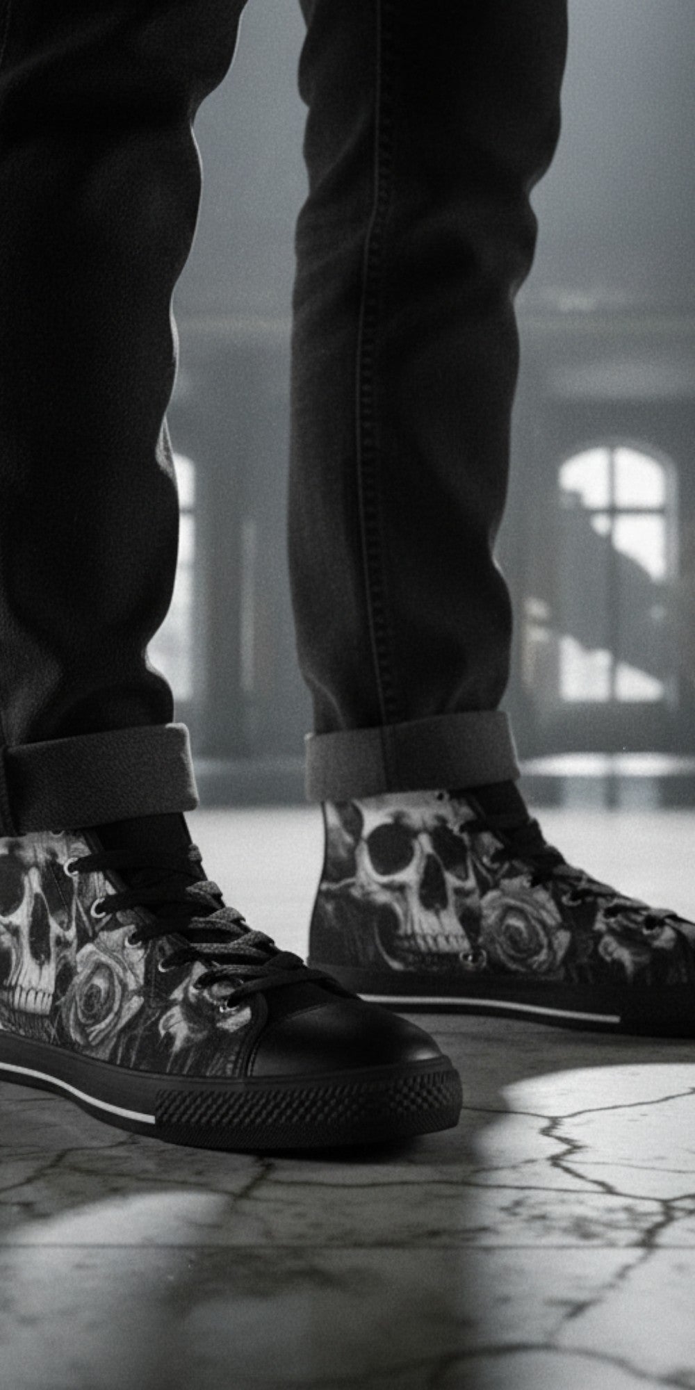 Freaky Shoes® high top canvas sneakers featuring a grey skull and rose gothic print, worn with dark jeans.