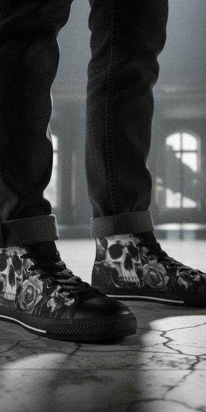 Freaky Shoes® high top canvas sneakers featuring a grey skull and rose gothic print, worn with dark jeans.