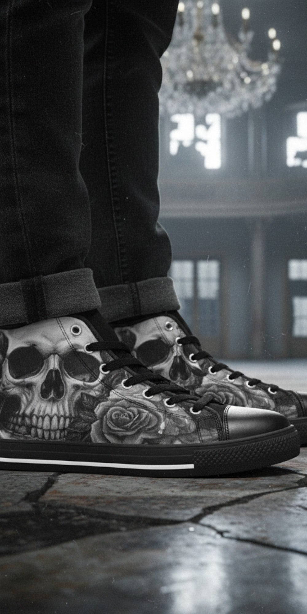 Freaky Shoes® women's gothic high top canvas sneakers featuring a grey skull and rose print with black rubber soles.