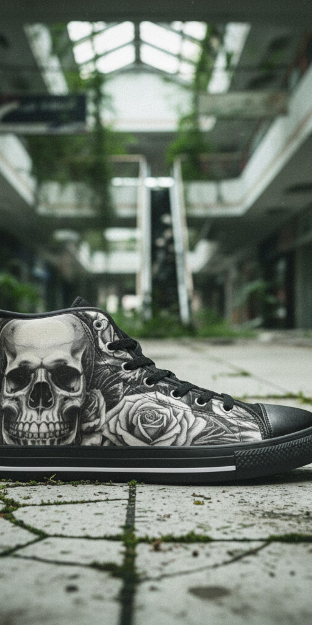 Men's Grey Skull & Wings Dark Gothic hand-made high-top canvas shoes — unique wearable art by Freaky Shoes
