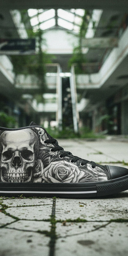 Men's Grey Skull & Wings Dark Gothic hand-made high-top canvas shoes — unique wearable art by Freaky Shoes