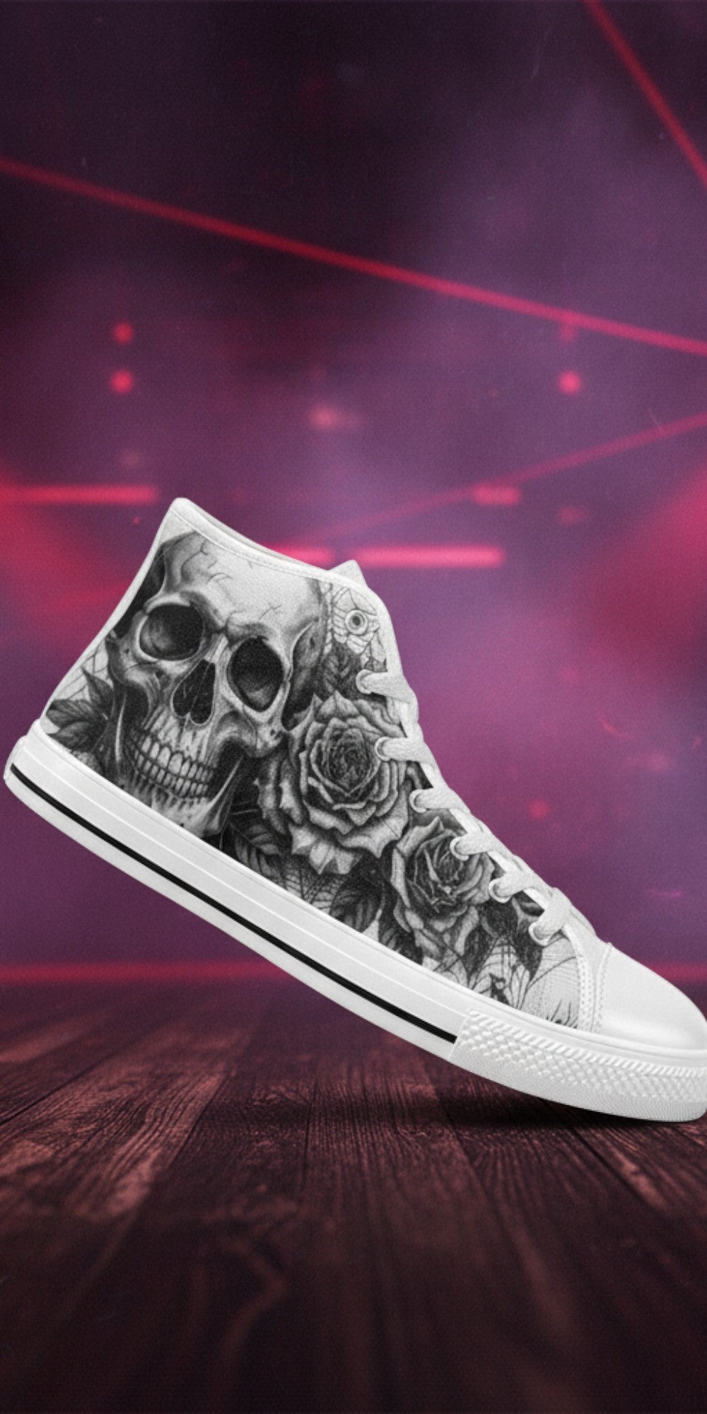 Women's Grey Dark Art Skull Goth high-top canvas shoes, custom full-wrap printed design — Freaky Shoes