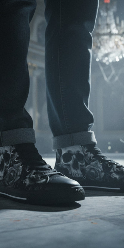 Freaky Shoes® high top canvas sneakers featuring a dark gothic grey skull and rose print, worn with cuffed jeans.
