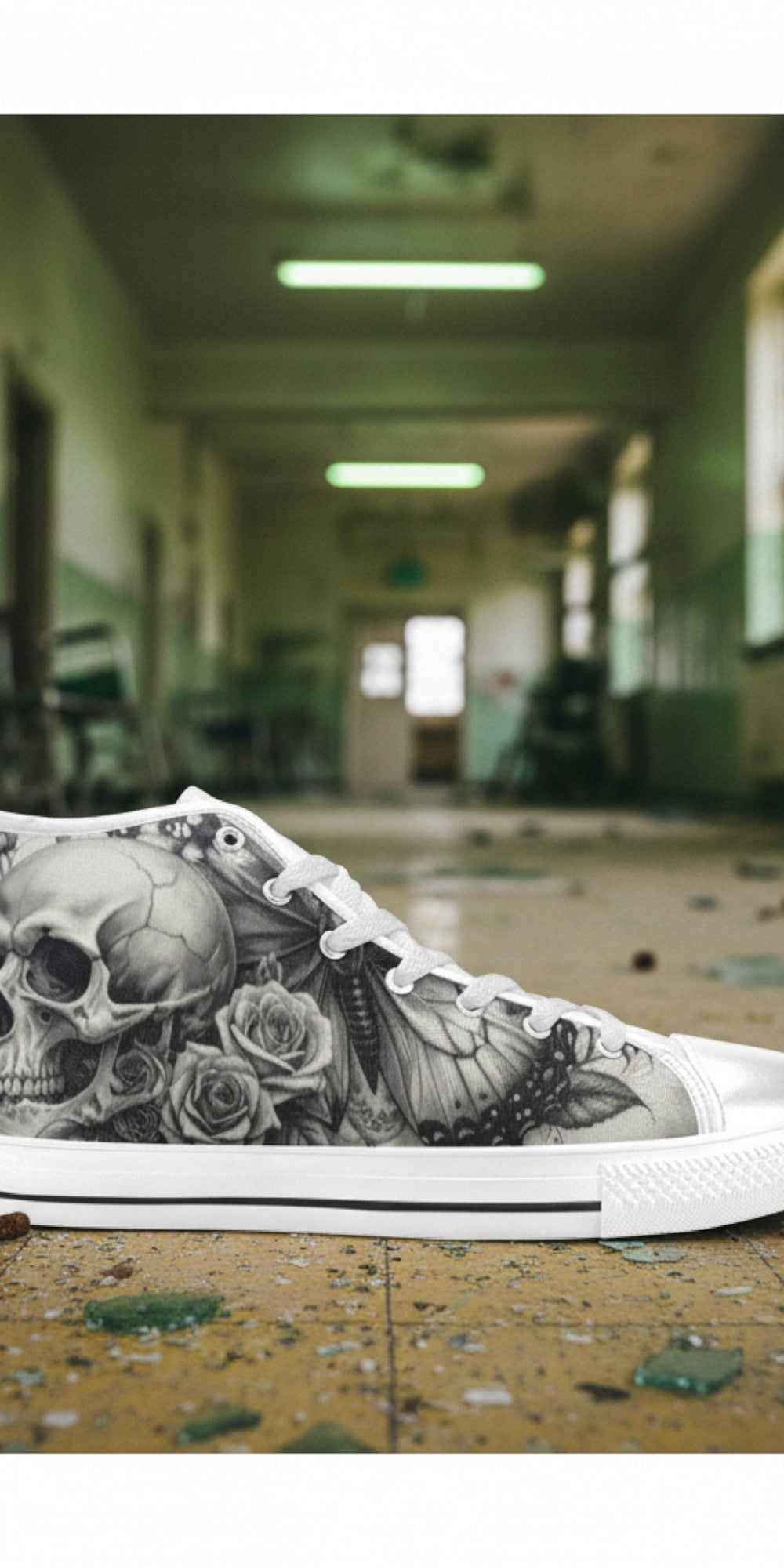 Women's Monochrome Skull & Rose Dark Gothic high-top canvas shoes — one-of-a-kind custom printed art, Freaky Shoes