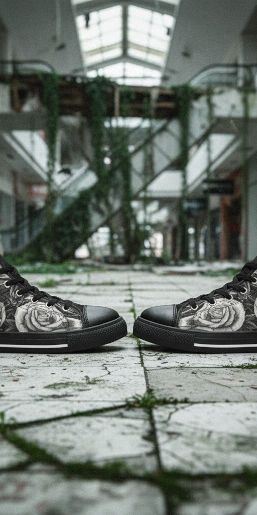 Men's Grey Skull & Wings Dark Gothic hand-made high-top canvas shoes — unique wearable art by Freaky Shoes