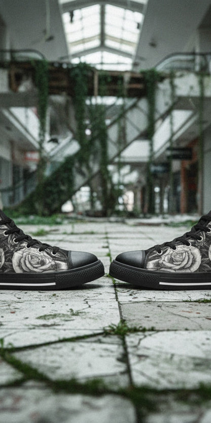 Men's Grey Skull & Wings Dark Gothic hand-made high-top canvas shoes — unique wearable art by Freaky Shoes