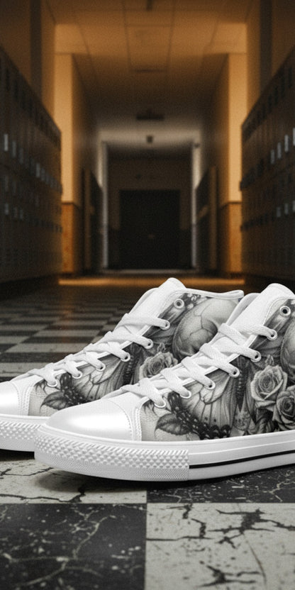 Custom Men's Dark Skull Rose Grey Gothic high-top canvas shoes with bold all-over art — Freaky Shoes