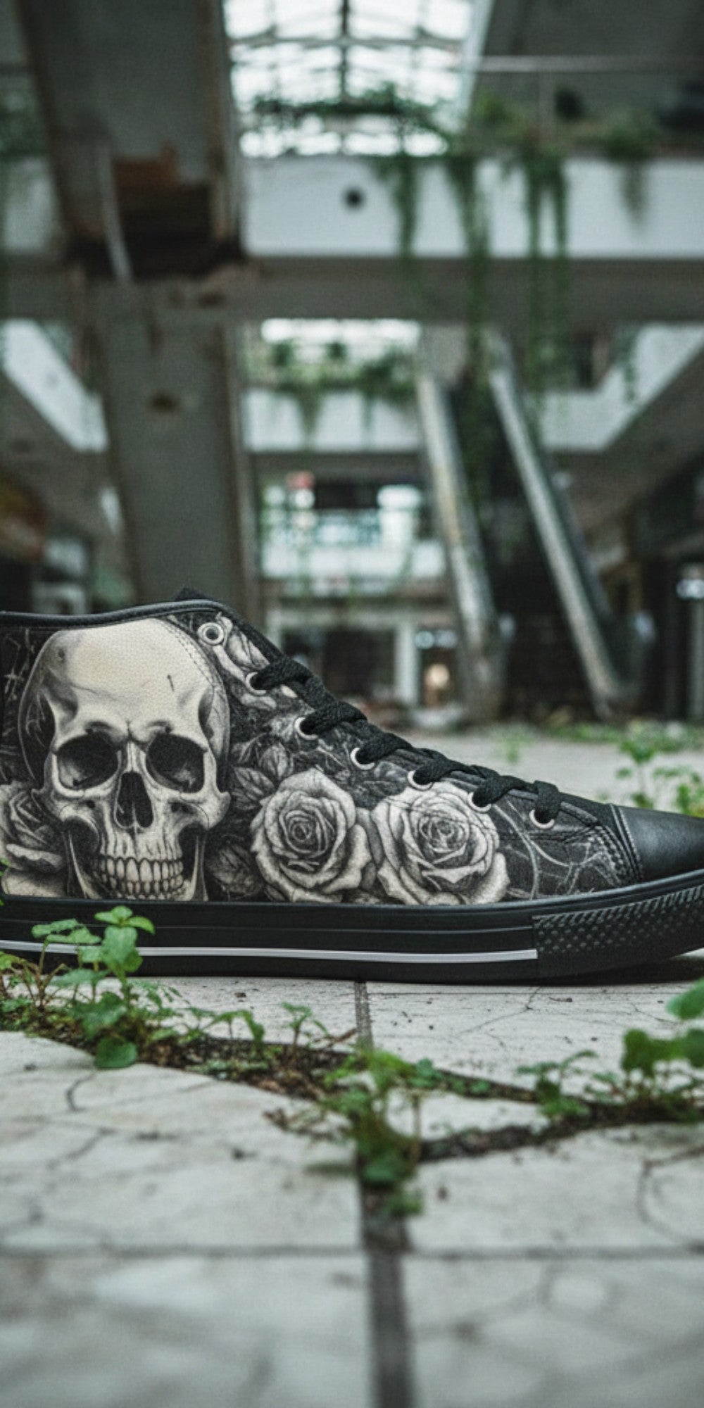 Men's Grey Skull & Wings Dark Gothic custom high-top canvas shoes — wearable art by Freaky Shoes