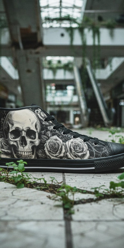 Men's Grey Skull & Wings Dark Gothic custom high-top canvas shoes — wearable art by Freaky Shoes