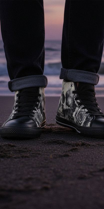 Freaky Shoes® men's high top canvas sneakers featuring a black and white skull and rose dark art print on a beach.