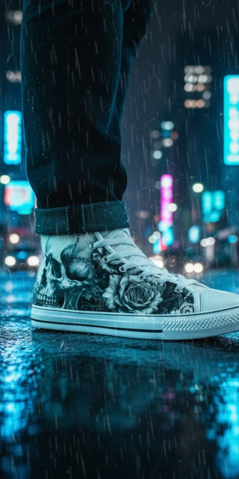 Freaky Shoes® monochrome skull and rose print canvas high top sneakers worn in a rainy city street at night.