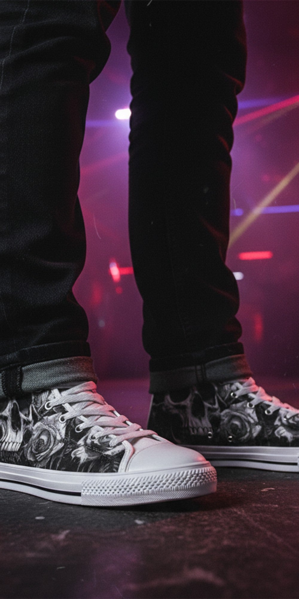 Freaky Shoes® men's high top canvas sneakers featuring a black and white gothic skull and rose art print