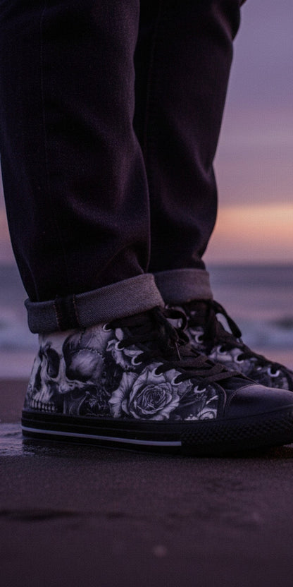 Women's Skull Rose Dark Art high-top canvas shoes — one-of-a-kind custom printed art, Freaky Shoes