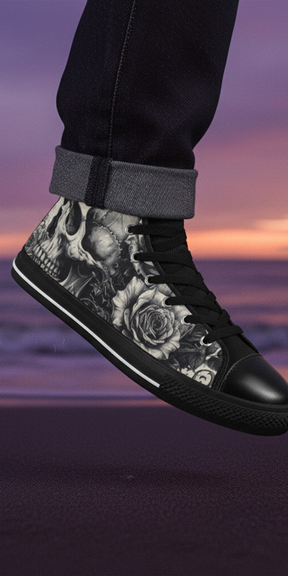Freaky Shoes® men's high top canvas sneakers featuring a black and white skull and rose dark art print.
