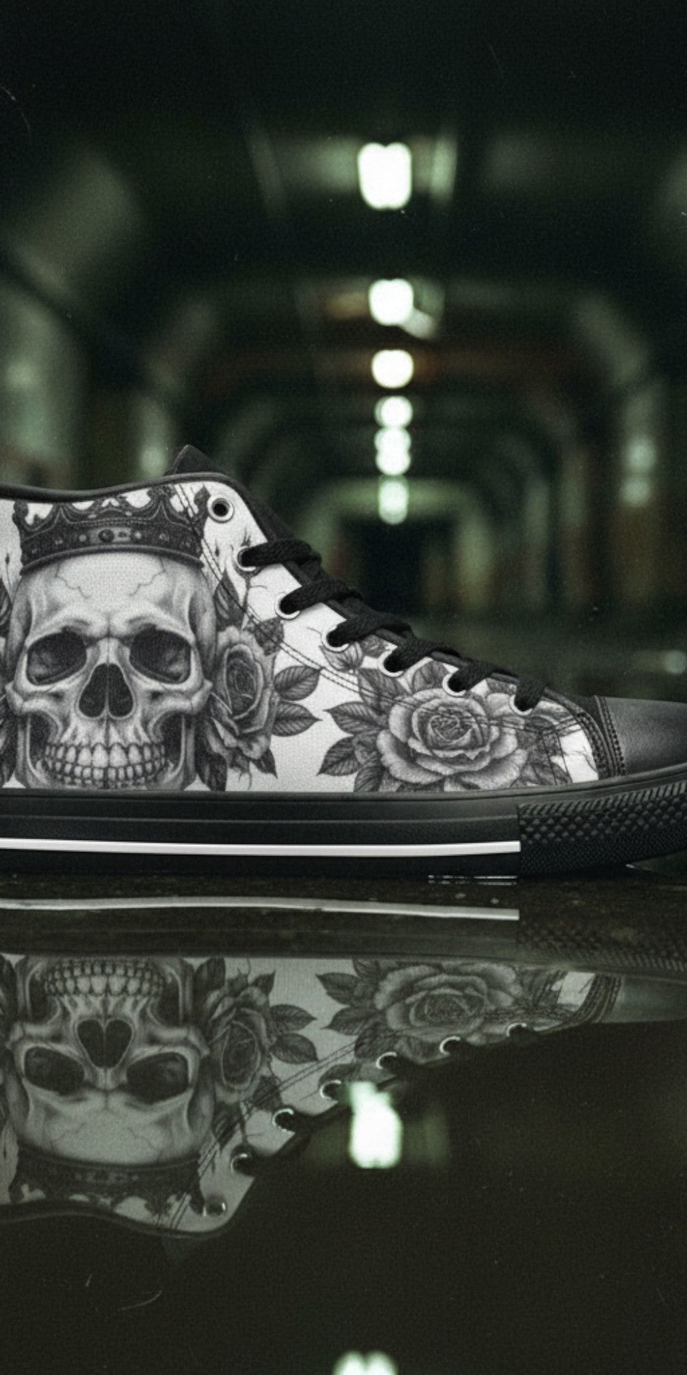 Women's Dark Monochrome Skull Gothic Art custom high-top canvas shoes — wearable art by Freaky Shoes