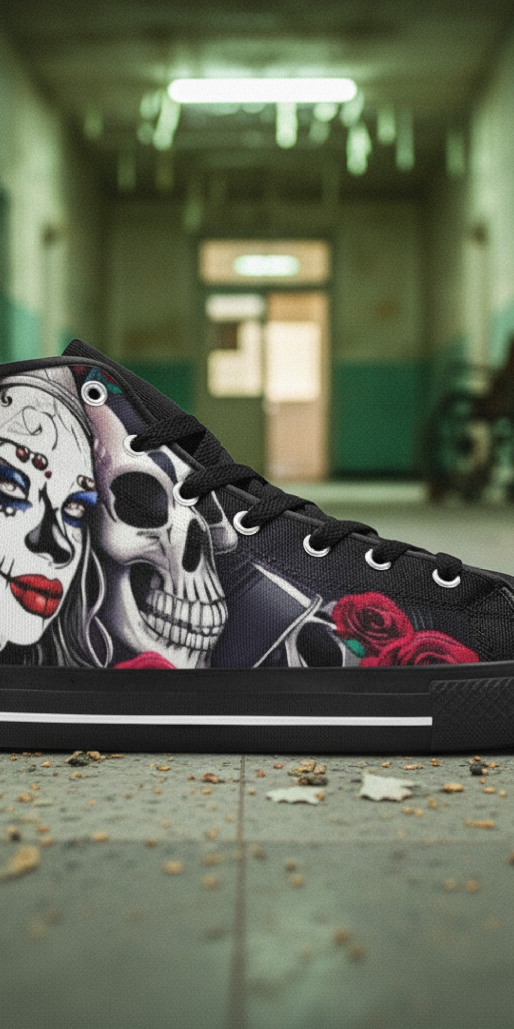 Custom Men's Skulls high-top canvas shoes with bold all-over art — Freaky Shoes