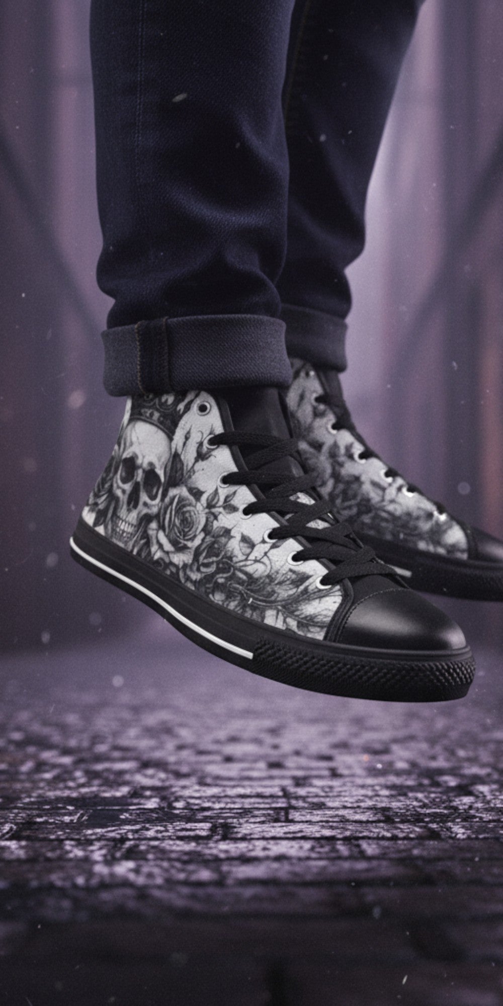 Freaky Shoes® men's gothic high top canvas sneakers featuring a black and white skull and rose art print.