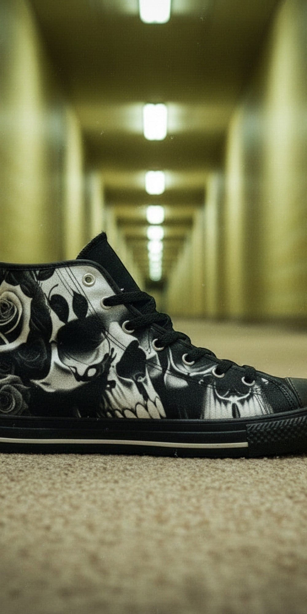 Women's Greyscale Skulls & Roses Black & White high-top canvas shoes — one-of-a-kind custom printed art, Freaky Shoes