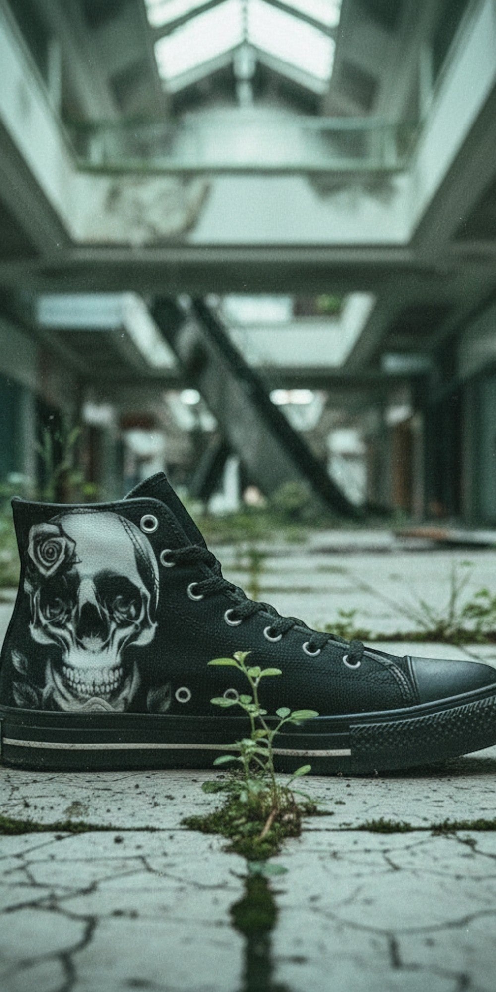 Women's Cartoon Skulls & Roses Black custom high-top canvas shoes — wearable art by Freaky Shoes