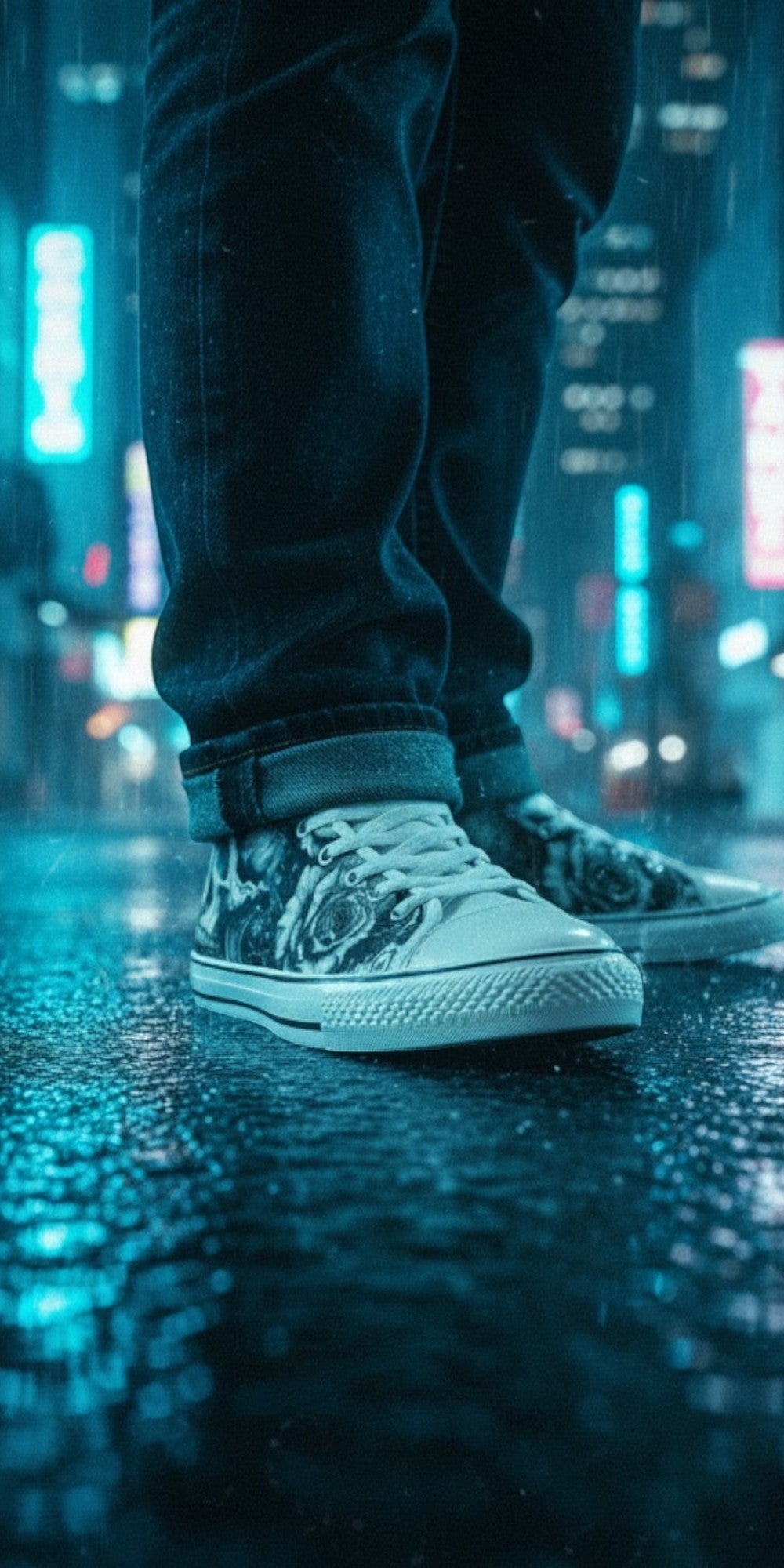 Freaky Shoes® monochrome skull and rose canvas high top sneakers worn in a rainy neon city street at night.