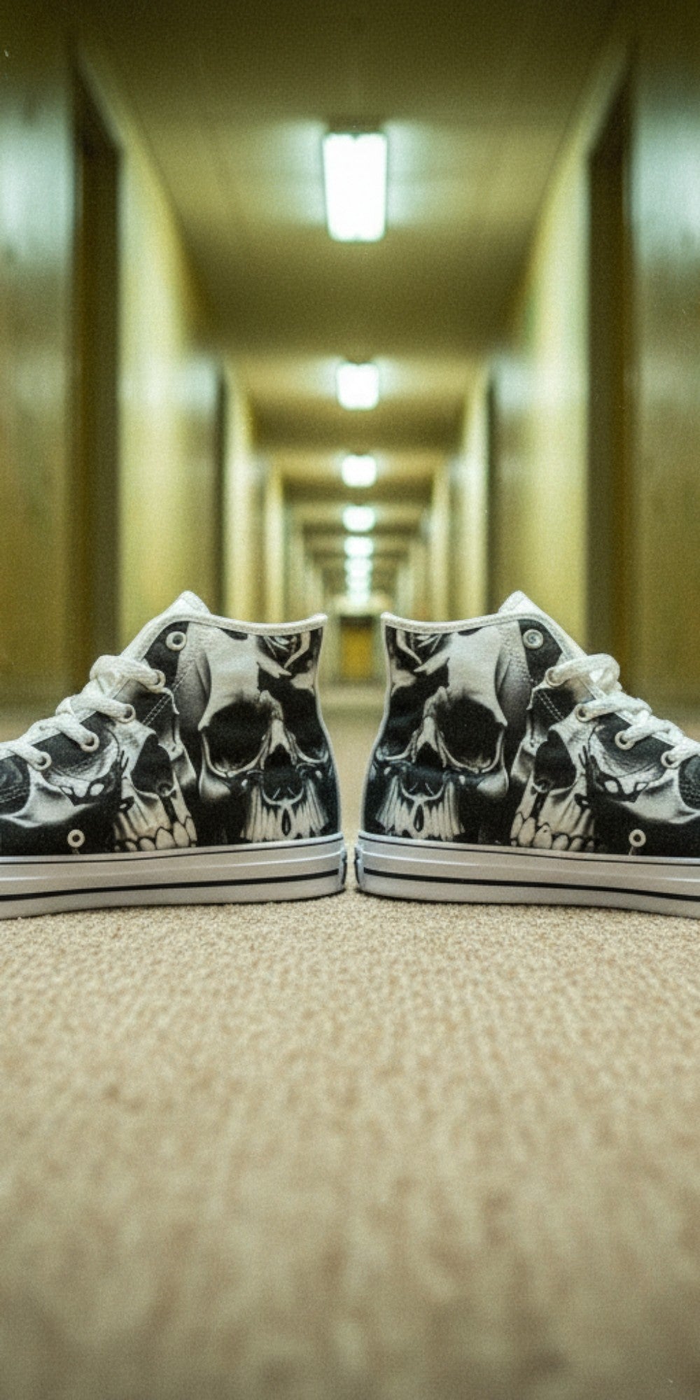 Women's Greyscale Skulls & Roses Black & White custom high-top canvas shoes — wearable art by Freaky Shoes