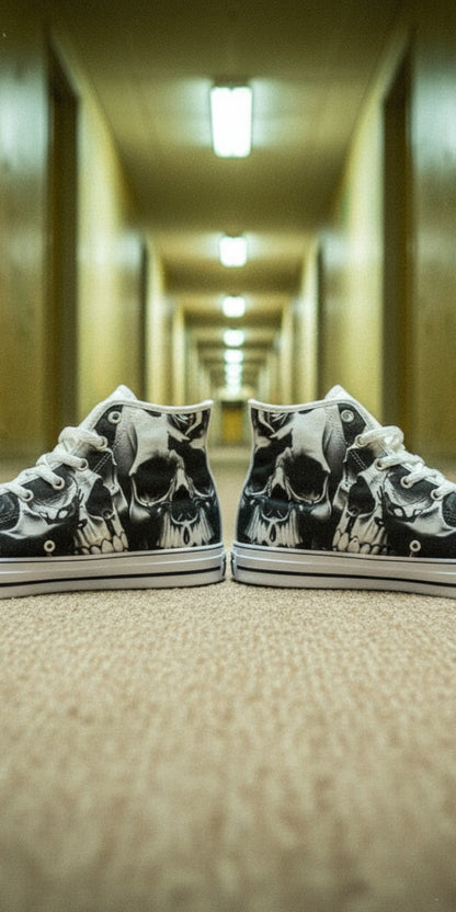 Women's Greyscale Skulls & Roses Black & White custom high-top canvas shoes — wearable art by Freaky Shoes