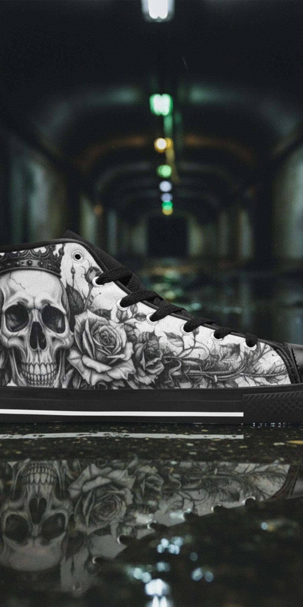 Women's Dark Monochrome Skull Gothic Art custom high-top canvas shoes — wearable art by Freaky Shoes