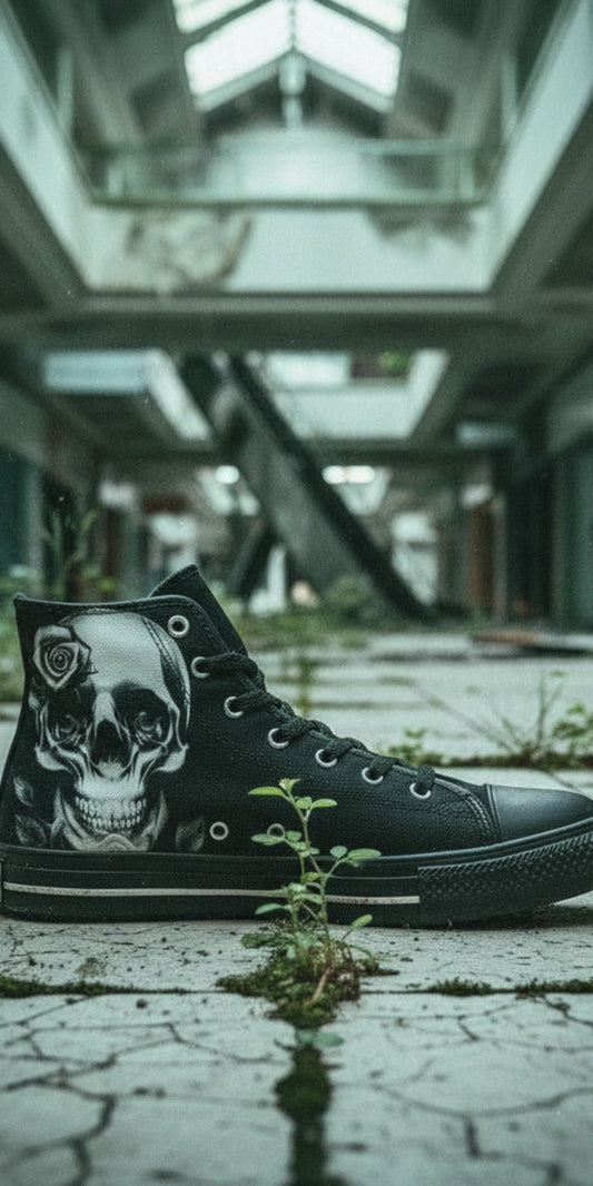 Freaky Shoes® women's black canvas high-top sneakers featuring a detailed skull and rose graphic print.