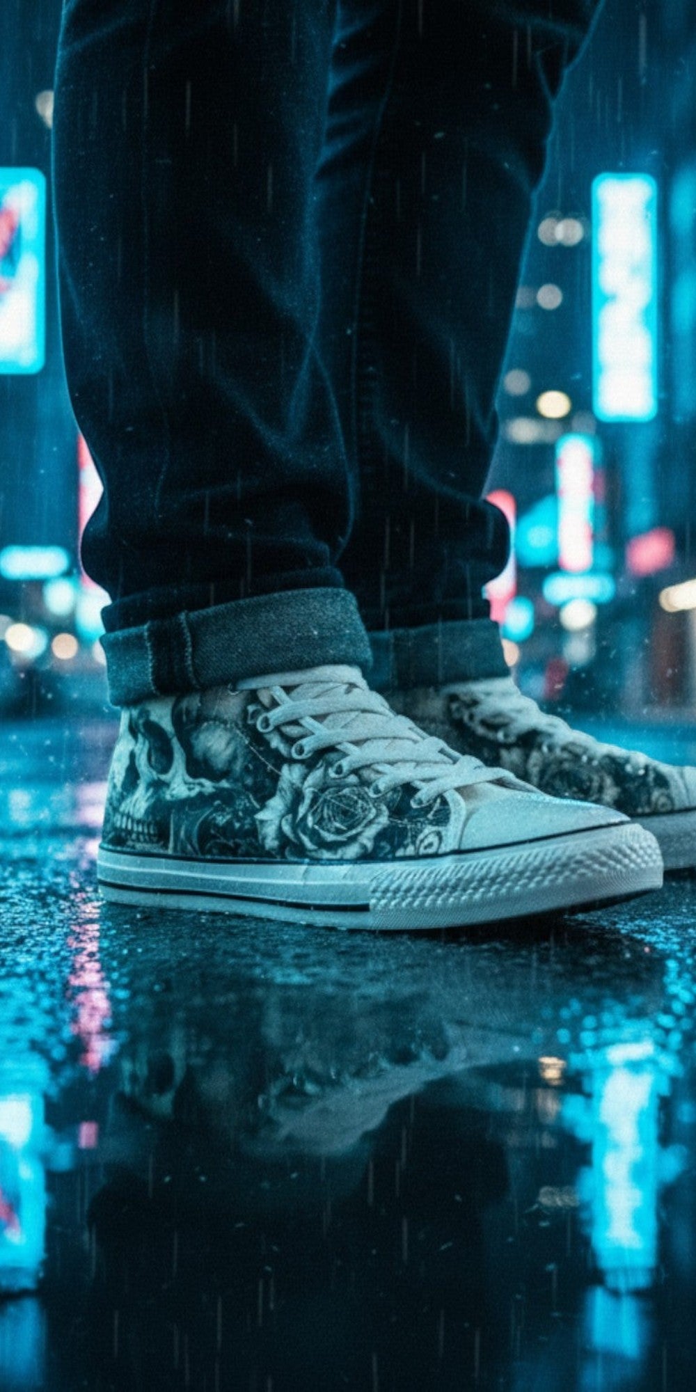 Freaky Shoes® monochrome skull and rose print canvas high top sneakers worn on a rainy city street at night.