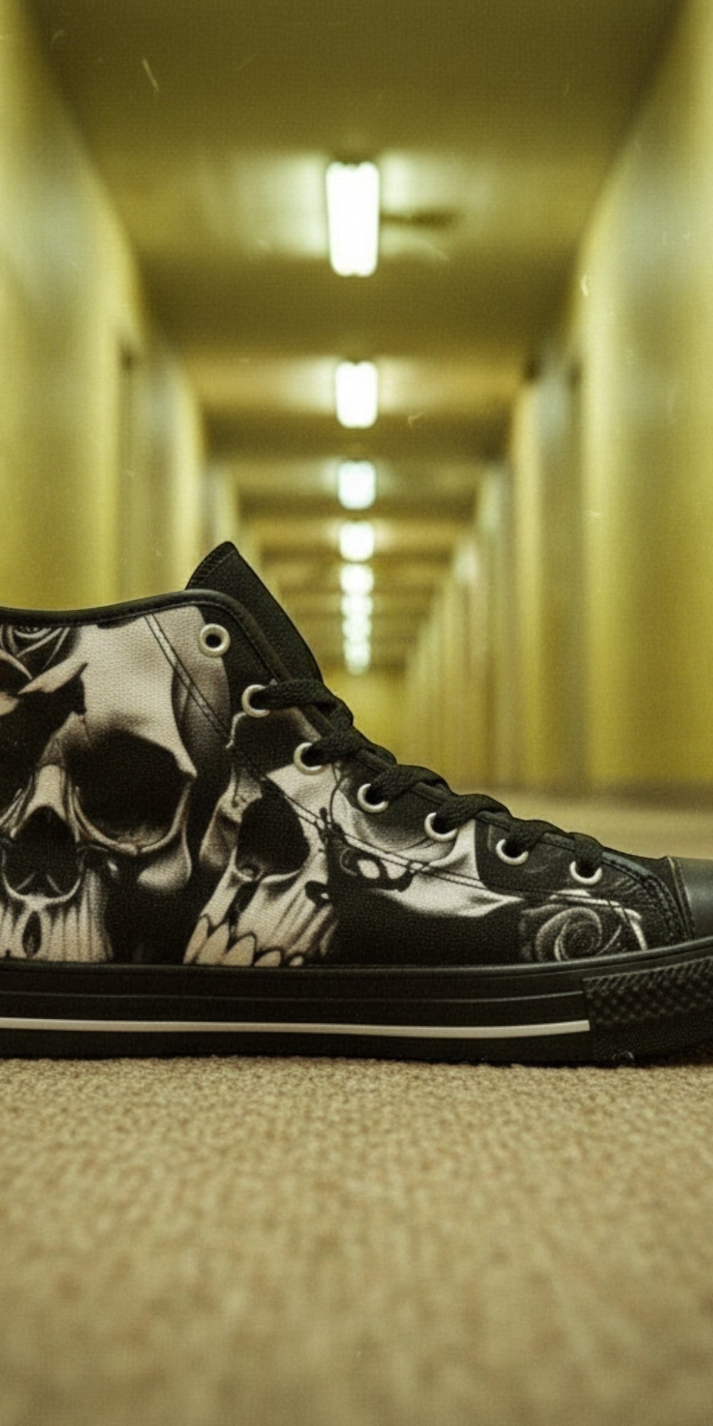 Custom Women's Greyscale Skulls & Roses Black & White high-top canvas shoes with bold all-over art — Freaky Shoes