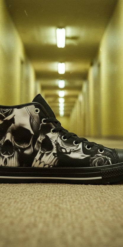 Custom Women's Greyscale Skulls & Roses Black & White high-top canvas shoes with bold all-over art — Freaky Shoes