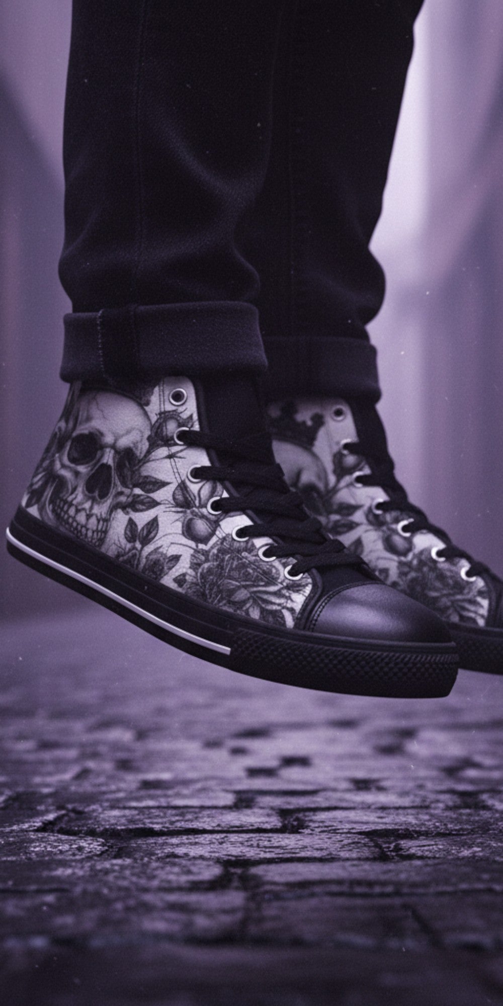 Freaky Shoes® men's gothic high top canvas sneakers featuring a black and white skull and rose art print.