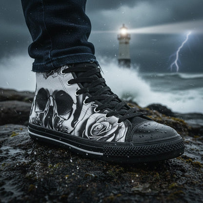 Men's Grey Skull & Roses Black & White hand-made high-top canvas shoes — unique wearable art by Freaky Shoes