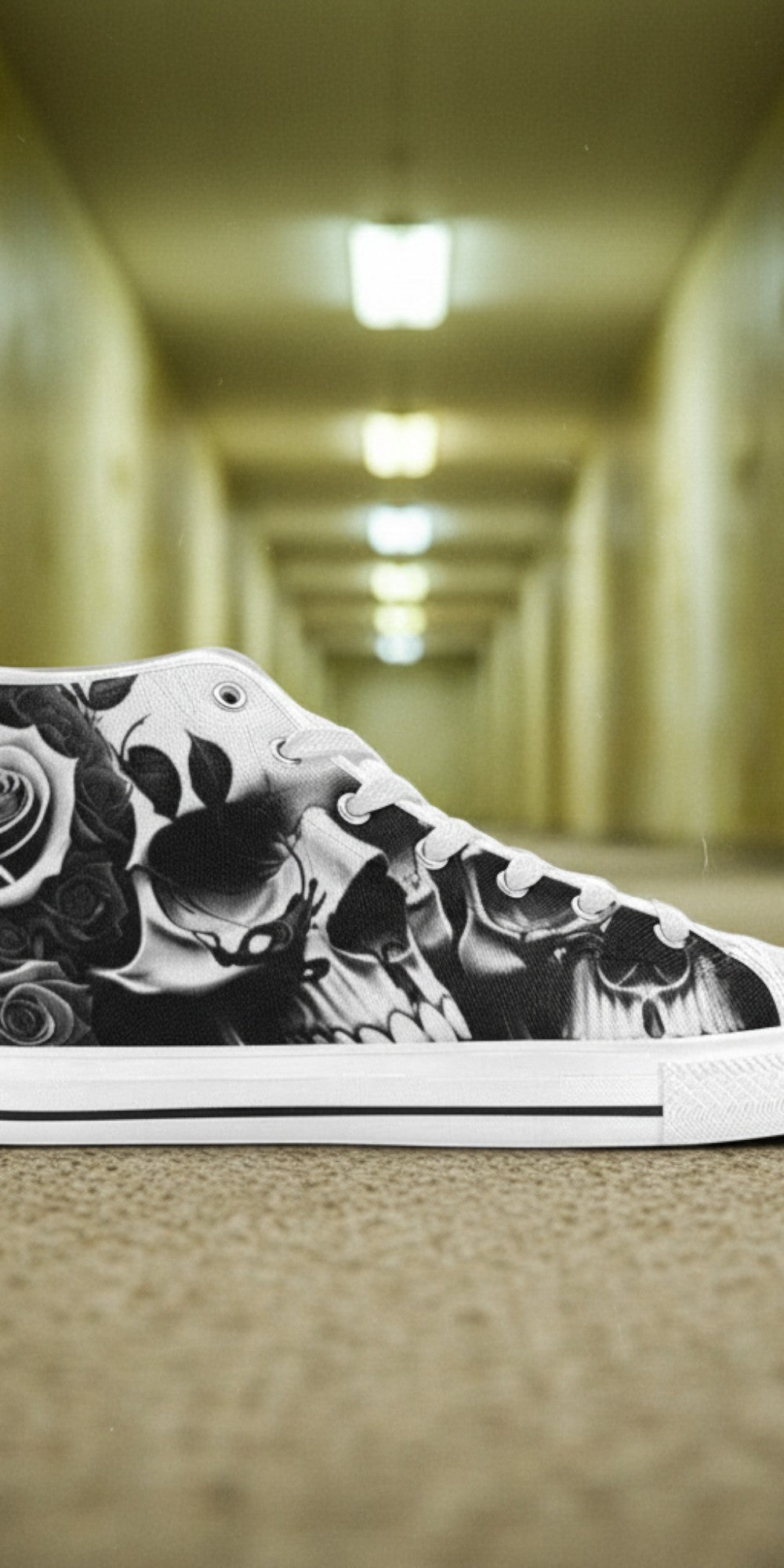 Custom Women's Greyscale Skulls & Roses Black & White high-top canvas shoes with bold all-over art — Freaky Shoes