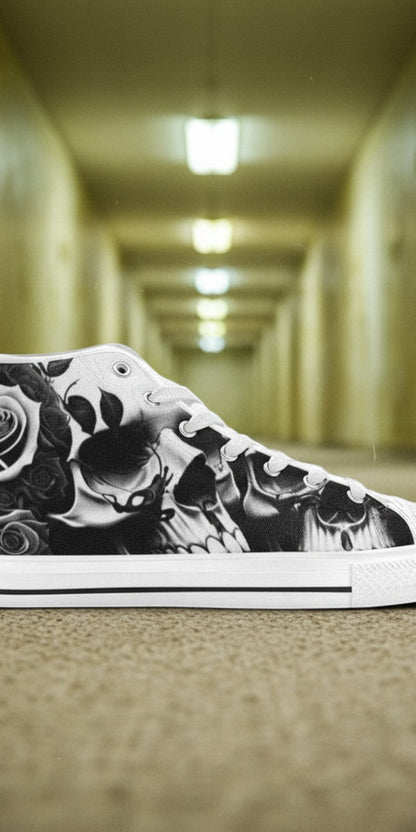 Custom Women's Greyscale Skulls & Roses Black & White high-top canvas shoes with bold all-over art — Freaky Shoes