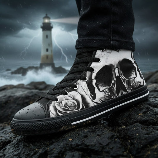 Freaky Shoes® men's high-top canvas sneakers featuring a black and white skull and rose graphic print.